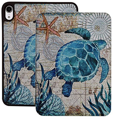 YHB Case for 2021 iPad Mini 6th Generation, Slim Folding PU Leather Case Stand Protection TPU Back Cover with Auto Sleep/Wake, Sea Turtle