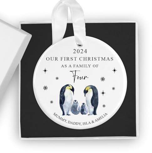 Personalised First Christmas as a Family of Four Ceramic Bauble with Gift Box - Custom Family of 4 Ornament - New Baby Gift, New Parents Keepsake, Baby's 1st Xmas Tree Decoration