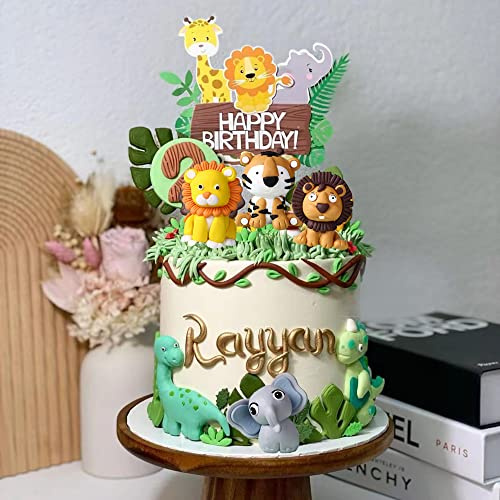 16 PCS Safari Cake Topper Elephant Jungle Animal Cakes Toppers 1st Birthday Decorations Woodland Animal Tiger Lion One Cake Topper for Jungle Birthday Cake Decorations