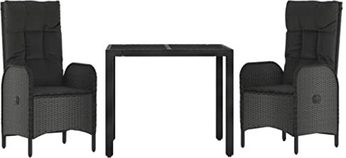vidaXL Garten Essgruppe 3-TLG., Gartenmöbel Set mit Kissen, Gartengarnitur Tisch 2 Stühle mit Liegefunktion, Sitzgruppe Gartenset, Schwarz Poly Rattan