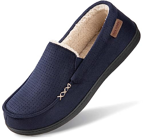 VeraCosy Men's Comfy Suede Memory Foam Moccasin Slippers Warm Sherpa Lining House Shoes with Anti-Skid Rubber Sole Navy,9 UK