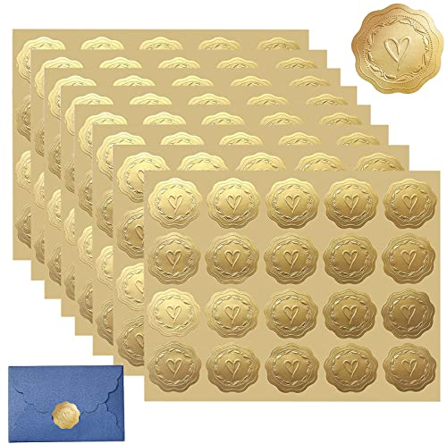 Yoezuo Wachssiegel Selbstklebend, 160 Stück Briefumschlag Herz Klebeetiketten Gold Aufkleber Gold Geprägte Wachs Siegel Aufkleber für Umschlag Postkarte Einladung Grußkarte