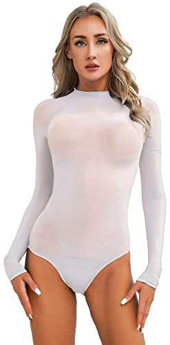 CHICTRY Women's Long Sleeve Bodysuit Sheer Mesh Sexy Leotard Catsuit Body Tops Shapewear Swimsuit White Crotchless One Size
