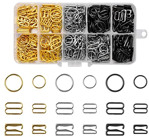 BH-Trägerhaken aus Metall, 3 Stile, zum Nähen, Bikini, Badeanzug, Dessous, Ringe, Halfter, Tops, Metall-Badeanzug-Clips, Verschlüsse, Einstellschieber (Gold, Silber und Metallic-Schwarz, 2 Größen,