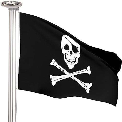BRUBAKER 4 m Aluminium Fahnenmast inkl. Piraten Flagge und Solar Fahnenmastlicht - Flaggenmast mit Bodenhülse + Piratenflagge Totenkopf + Solar-Energie Licht mit 26 LEDs - All-in-One Set