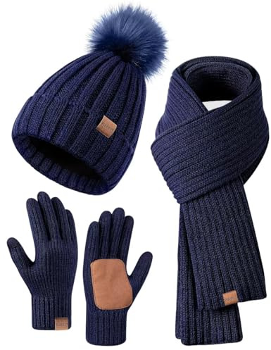 Winter-Set für Damen mit Mütze, Schal und Handschuhen, Mütze mit Bommel, langer Schal, Touchscreen-Handschuhe, 3-in-1-Set, Marineblau, Einheitsgröße