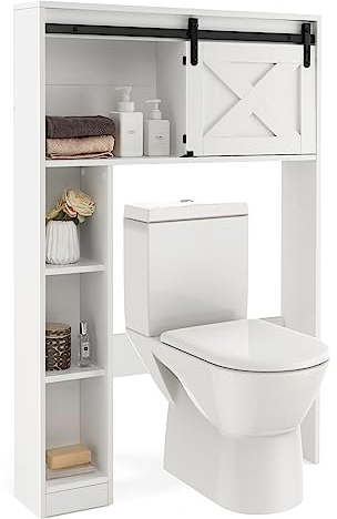 COSTWAY Toilettenschrank mit Schiebetür, Toilettenregal Holz, Badezimmerregal Badezimmerorganisator freistehend, Überbauschrank Waschmaschinenregal (weiß)