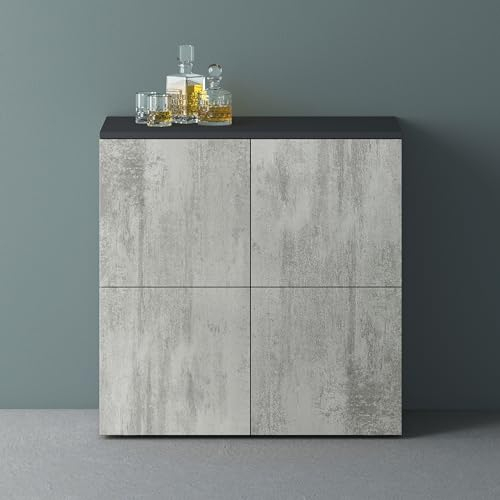 Mai & Mai Möbel Kommode Aufbewahrungsschrank mit 4 Türen in Anthrazit matt + Beton Sideboard Schrank Mehrzweckschrank BTH: 76x36,4x74 cm Schrank04