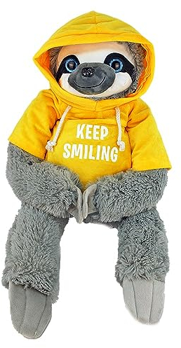 BEMIRO Faultier Kuscheltier mit Kapuze - gelb Keep Smiling - ca. 60 cm, Kuscheltier mit Pulli, Kletthände zum anhängen, Plüschtier mit Hoodie