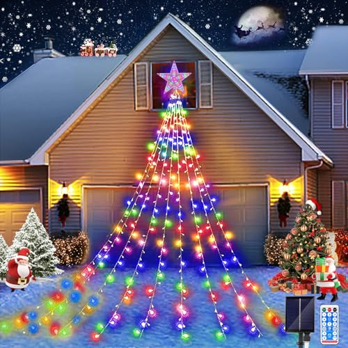 JIMACRO Weihnachtsbaum Außenlichter, 9Pcs*2M Solar Christbaumbeleuchtung mit Sterne, 8 Modi 198 LEDs Wasserdicht LED Weihnachtsbaum Lichterkette mit Fernbedienung Außen für Rasen, Garten, Party, Fest