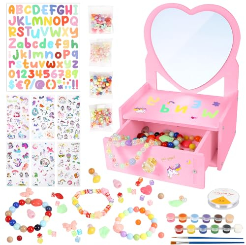 DATIFF Schmuckkästchen Bastelset Mädchen Herz Schminkkoffer Basteln Spaß Holz Schmuckschatulle DIY Kreativ Holzbastelsets Geschenke mit Einhorn Aufkleber für Kinder Geburtstag Geschenke