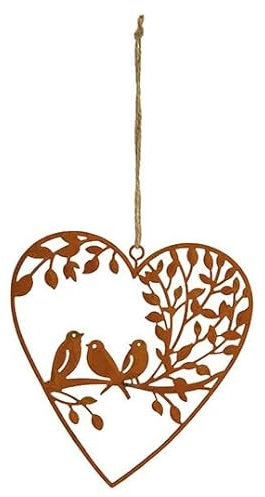 Deko Herz - Vogel - Metall mit Juteschnur zum Aufhängen Rost Look Gartendeko Hängefigur Geschenkidee