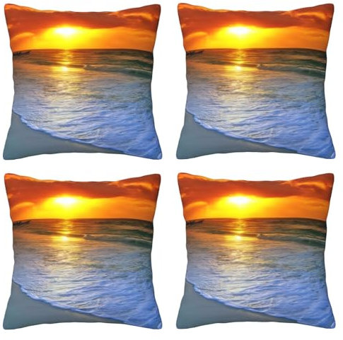 OPSREY Quadratische Kissenbezüge mit Strandmotiv und Sonnenuntergang für Sofa, Schlafzimmer, Auto