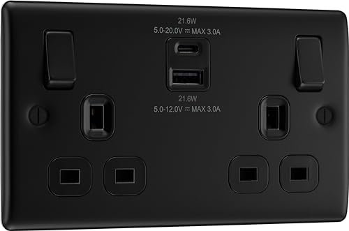 BG Electrical Double Switched Wall Plug Socket with Fast Charge Type A & C USB Charging Ports, Nexus Metal, Matt Black, 13A, 22W, NFB22UAC22B