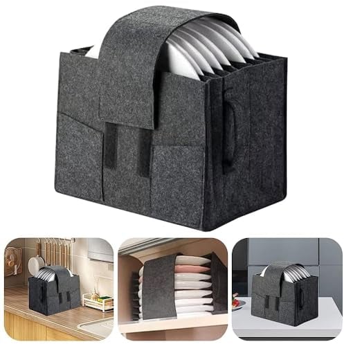 Longzhuo 8 Plate & Cup Storage Organiser - Felt Camping Bag for Caravan Motorhome Kitchen Cupboards, Removable Divider & Handles (Dark Grey)