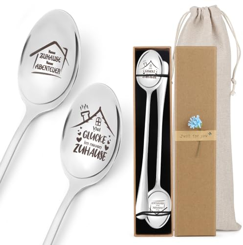 Regalo Casa Nuova, 1 coppia Cucchiaini Da Caffè con Incisione, 19,5 cm Cucchiaini in Acciaio Inox, Personalizzato Regali per Casa Nuova Idee Regalo Casa Nuova per Donne Uomini