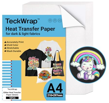 TECKWRAP Bedruckbares Wärmetransferpapier für T-Shirts, 15 Blatt, 21,1 x 29,7 cm, bedruckbares Wärmetransfer-Vinyl für Tintenstrahldrucker, Transferpapier zum Aufbügeln für helle Stoffe (Glitzer-Grün)