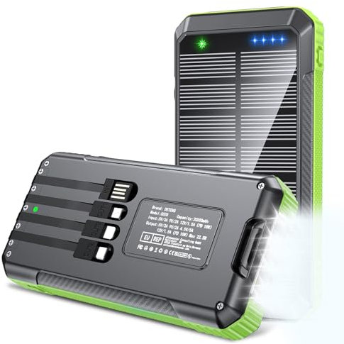 Batterie Externe 20000mAh avec câble intégré, USB C Chargeur Solaire 22.5W PD 3.0 Charge Rapide, 6 Sorties 4 Entrées avec LED Lampe de Poche Power Bank Compatible avec iPhone Samsung etc (Vert)