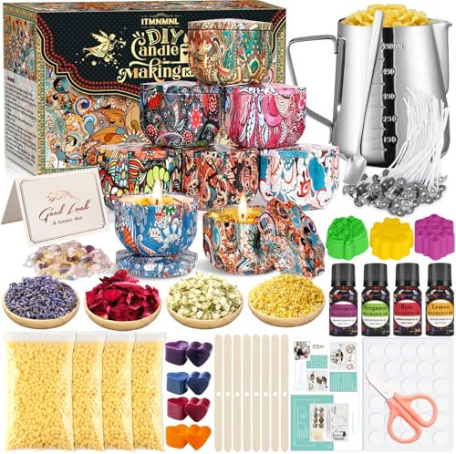 ITMNMNL DIY Kerzen Set - Kerzenherstellung Mit 480g Bienenwachs, 8 Kerzendosen, Duftöl, Farbblöcken - Duftkerzen Selber Machen