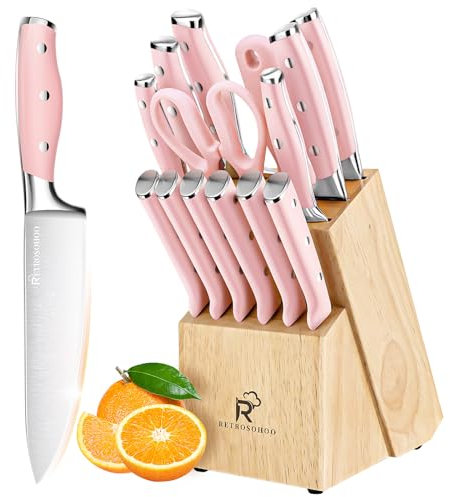 15-Piece Kitchen Chef's Knife Set with Block, High Carbon Stainless Steel Razor-Sharp Blade Ergonomic Handle, Kitchen Knife Block Set with Built-in Sharpener, Elegant Presents