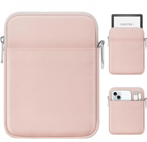 MoKo Padded Ereader Sleeve Case for 6-7 inch Ereader Tablet Bag Protective Cover Pouch with a Carabiner, Compatible with 7 eReader Colorsoft Signature Edition 2024, Pink