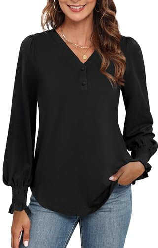 Neineiwu Bluse Damen Elegant Langarm Tops Lässig V-Ausschnitt Hemd Pullover Elegant Laternenärmel Oberteil,Schwarz,L