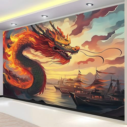 Panoramique Murale Style Anime Dragon Chinois Fantastique Papier Peint Intissé pour Salon Chambre Enfant Chambre Décoration Murale Poster Tableaux Photo Muraux 250x175 cm