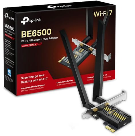 TP-Link WiFi 7 Carte WiFi PCIe BE6500 Archer TBE400E, Tri-Bandes (6GHz/5GHz/2.4GHz), Adaptateur avec Bluetooth 5.4 et 2 antennes multidirectionnelles, Idéal pour Gaming, Noir Métallique