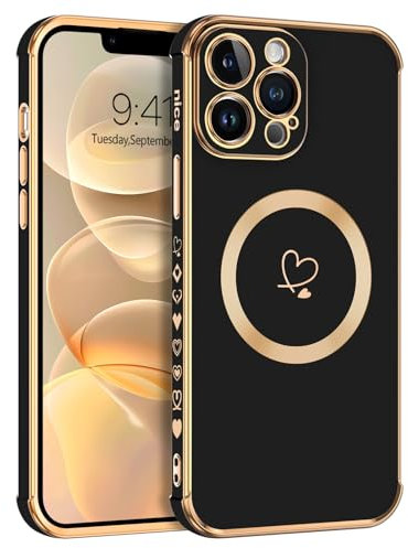 Telaso Magnetische Hülle für iPhone 13 Pro Max, Handyhülle für iPhone 13 Pro Max Niedliches Herz Muster [ Kompatibel mit MagSafe ] Weiche Plattierung Abdeckung für Frauen, Schutz der Kamera, Schwarz
