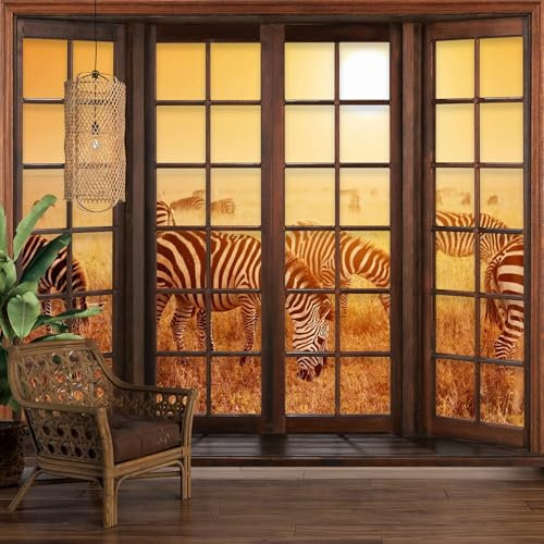 Lumalea - Papier peint panoramique Trompe l'oeil Fenêtre en bois Zèbres Savane - Largeur 390 cm x Hauteur 312 cm