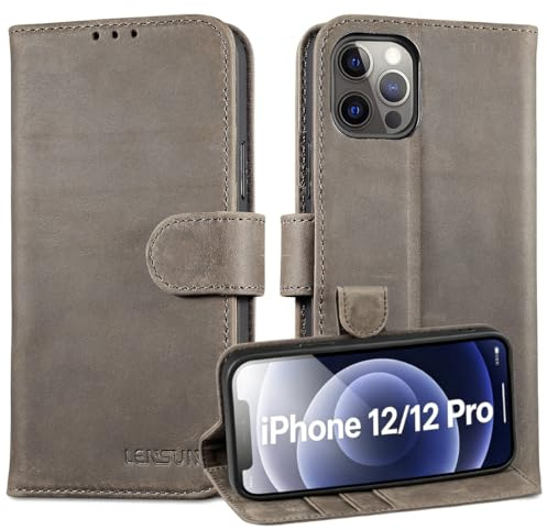 LENSUN Lederhülle für iPhone 12, iPhone 12 Pro, Graubraun | Leder Klappbar Handyhülle, Standfunktion, Kartenfächer, Echtleder Hülle Handytasche