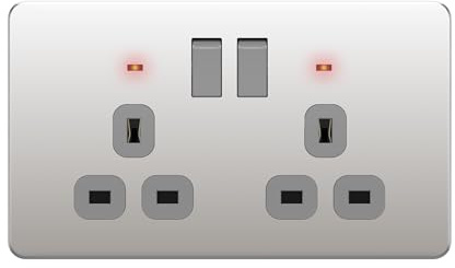 LIDER 2-Gang Switched 13A Socket, Stainless Steel, Polished Chrome | Screwless Metal Plate Cover, Plug Socket With Child-Proof Shutters, UKCA Certified, Tamper-Resistant, Modern Screwless Design