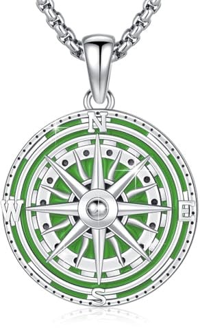 YueYuan Kompass Halskette 925 Sterling Silber Kompass Anhänger Kette Halskette Grüner Kompass Halskette Weihnachten Halloween Ostern Valentinstag Geburtstag Schmuck Geschenke für Herren