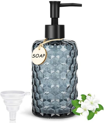 Distributeur de savon - 500 ml - Pour salle de bain et cuisine - Design nid d'abeille - En verre - Rechargeable - Avec pompe en plastique noir - Étiquettes en bois - Entonnoir - Bleu charbon