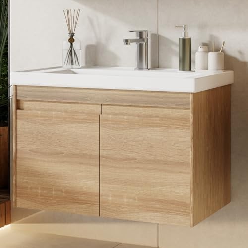 Karen Waschtisch mit Unterschrank City | Keramikwaschbecken | Unterschrank | Badmöbel | Holzfurnier | Sonoma Eiche | Einbauwaschbecken | Natur Stil | Badezimmerschrank (City 80)