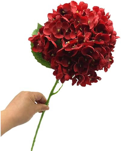 forestmistry Künstliche Hortensien-Zweig, 256 Blütenblätter, 20 cm Köpfe, Seide, Hortensien, Dunkelrot, 5 Stück
