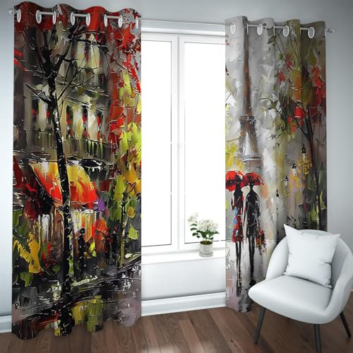 CHERHERART Sonnenschutz Fenstervorhänge 2 Paneele Set Abstrakte Pariser Landschaft Fenster Vorhänge Bunte Blätter Paar Kunst für Wohnzimmer Schlafzimmer 2xB117xH183