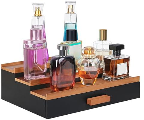 Xialuwy Wooden Cololgne Stand Perfume Organizer 3 Tier Wood Perfume Display With Drawer And Hidden Compartment Perfume Stand Organiser Box For Aftershave, Shaving Lotion For Men's Bathroom, Bedroom