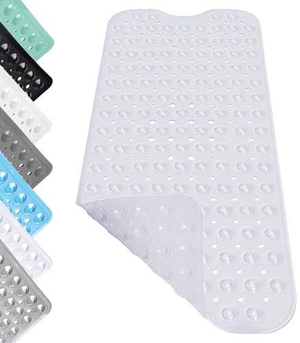 Tapis de Douche Antidérapant, 100 x 40 cm Paillasson de Bain Antidérapant avec Ventouses, Tapis de Bain Long Doux avec Trous D'évacuation, pour Douche, Transparent Blanc