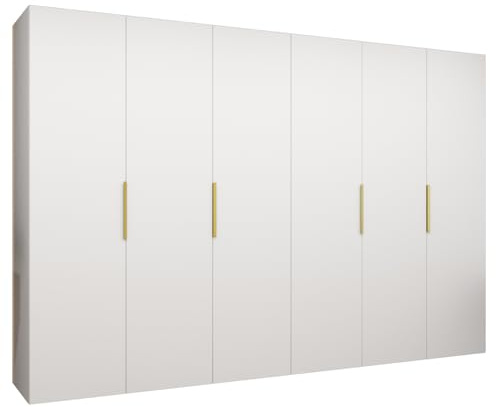 MEBLE KRYSPOL - Kleiderschrank - Drehtürenschrank - Schrank 300x202x52cm - Moderner Garderobenschrank Schlafzimmer, Flur, Jugendzimmer - Farbe Weiß, Griff Gold - Marbella 1 300