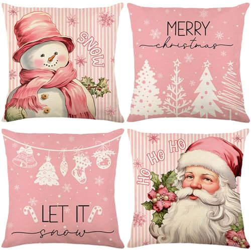 Set di 4 federe natalizie rosa per cuscini da 45,7 x 45,7 cm, Babbo Natale, pupazzo di neve, per divano, camera da letto (decorazioni festive)