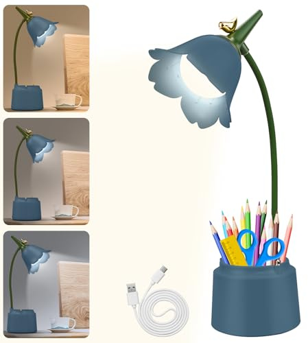 Schreibtischlampe Kinder mit Stifthalter, Dimmbare LED Nachttischlampe 3 Farbtemperaturen, Tischlampe mit 360° Flexibel Arm Schwanenhal, Wiederaufladbare Schreibtischlampe für Lesen, Lernen (BLUE)