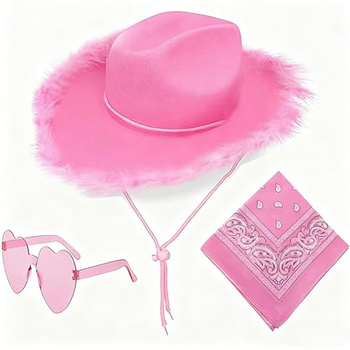 APPCRFM Chapeau de Cowboy Rose Ajustable, Cowgirl Chapeau 3 Pièces, Chapeaus de Cowboy Avec Bandana, Avec Lunettes et Bandeau Cosplay Masquerade Costume Halloween Dress Up