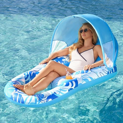 SLOOSH Chaise longue gonflable flottante pour adulte, chaise longue de piscine avec baldaquin de piscine et porte-gobelets