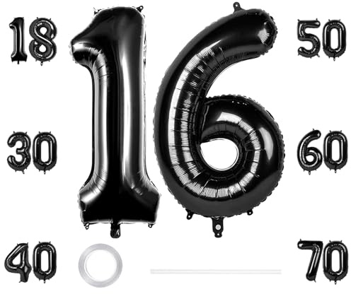 GoldRock XXL Luftballons 16 Geburtstag Deko 40 Zoll,Sweet Deko 16. Geburtstag Mädchen Junge,Zahlen 16 Luftballon,Geburtstagsdeko 16 Mädchen Jungen Folienballon Schwarz,16 Ballon Zahl Groß für Jubiläum
