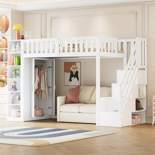 Zravenna Multifunktionales Hochbett 90x200cm mit Stauraumtreppe, großem Kleiderschrank, Offene Regalen und Stauschrank, Sicherheitstreppe mit Ablagefächern, Rausfallschutz Kinderbett, Weiß