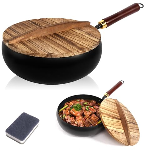 GFUEIGJ Japanische Pfanne, Japanische Eisenpfanne Unbeschichtete Eisenpfanne, Pfanne 28 cm mit Holzdeckel, Antihaftend, Für Induktion, Gas