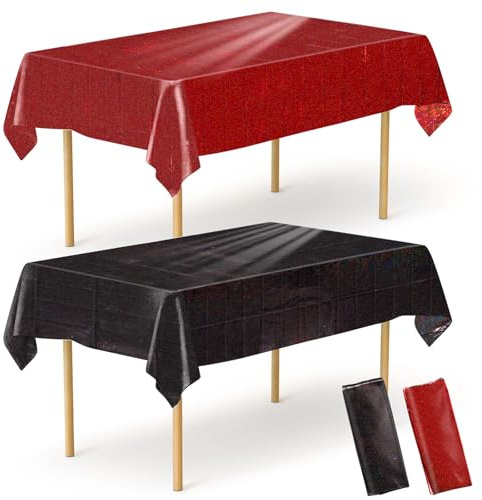 SAVITA 2stk Rote und Schwarze Holografische Tischdecke, 220x137cm Glitzernde Glitzer Tischdecke Wasserdicht Plastik Party Tischläufer für Geburtstag Halloween Abschluss Horror Grusel Party Dekoration