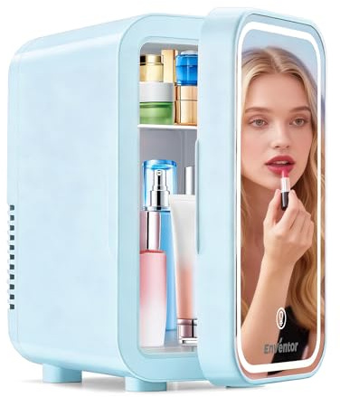 Enventor Mini Fridge 6L/ 8 Can, 3-Level Dimmable LED Mirror, AC+12V DC | Skincare Fridge, Portable Cooler & Warmer for Bedrooms, Home, Car/Cosmetics, Skin Care and Food, Blue