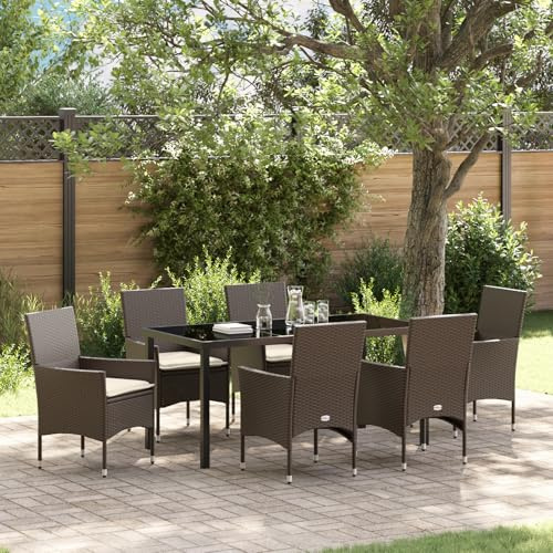JHQHSM 7-teiliges Garten Essgruppe Set mit Kissen in braunem Poly-Rattan für 6 Personen, wetterfeste Polsterung und Stabiler Stahlrahmen für Terrasse Balkon, modernes Design